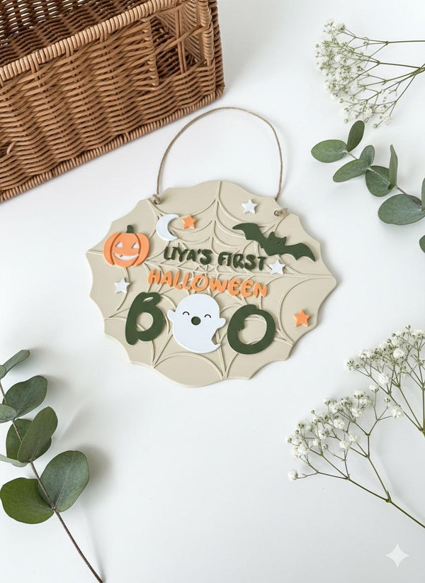 Personalised Halloween Plaque: 3D Printed Keepsake with Ghost, Pumpkin BatBaby’s First