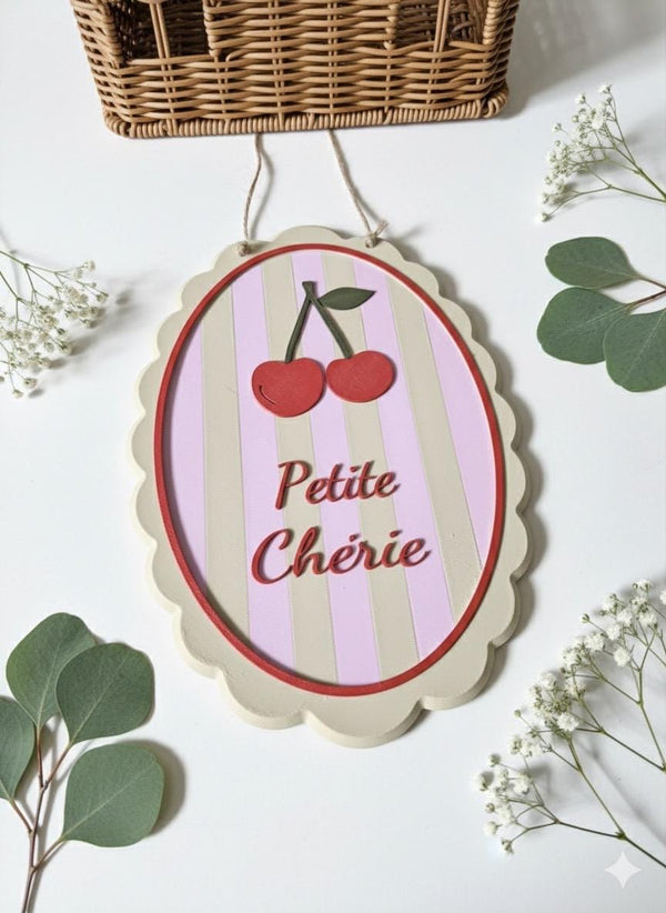 Petite Cherie Cherry Nursery Sign, French Baby Girl Wall Art, Pink Pastel Decor