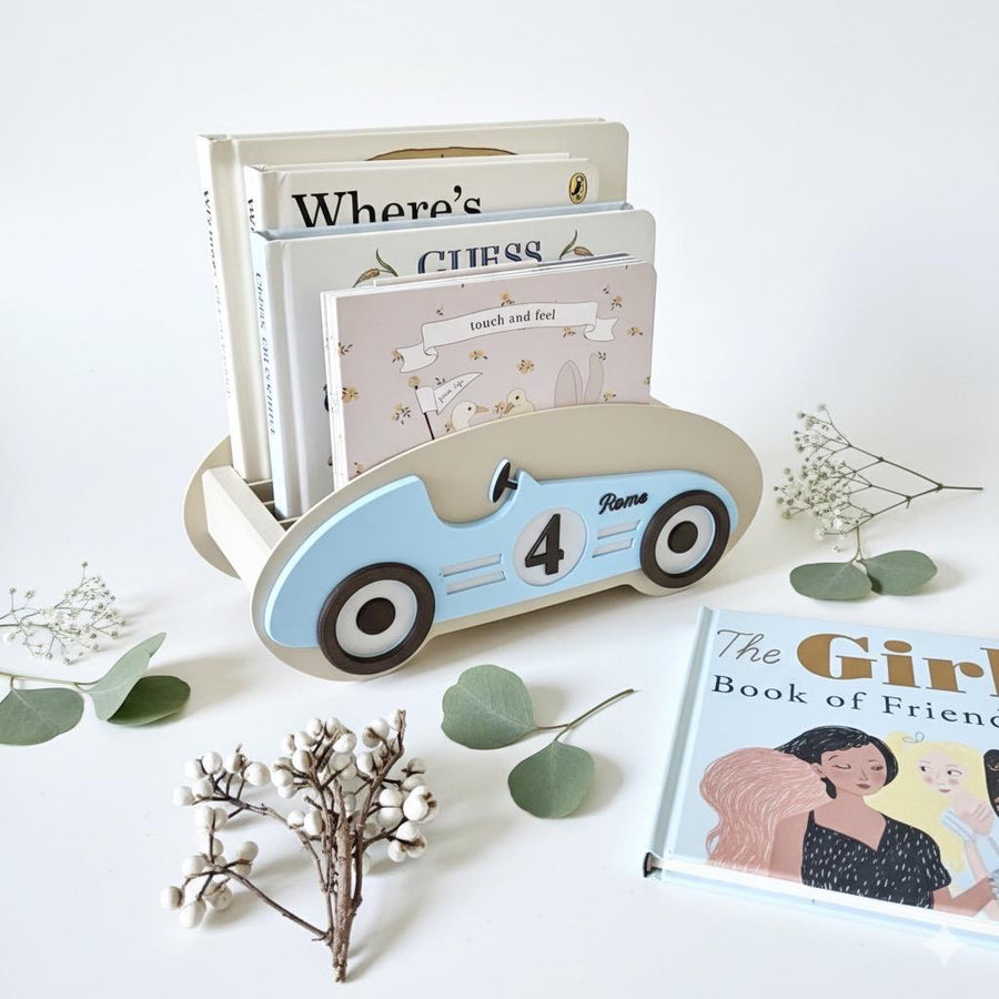 Personalized Retro Race Car Bookshelf, 3D Printed Toy Storage, Nursery Decor