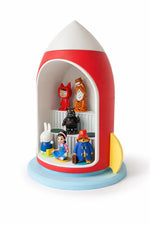 May include: A red and white rocket-shaped display unit, featuring several shelves with figurines. The figurines include a red character, a tiger, a black monster, a white rabbit, a girl, and a bear in a blue coat.