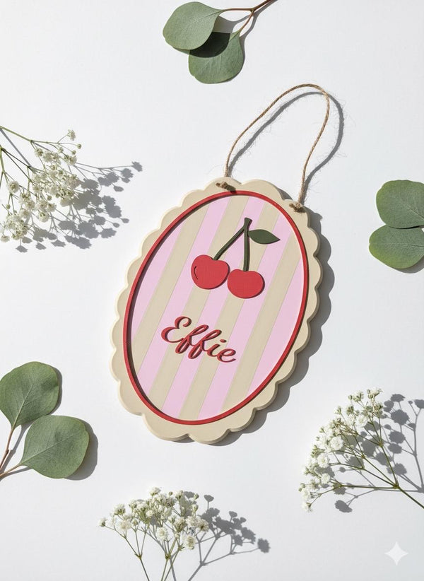 Custom Cherry Name Sign, Pastel Nursery Plaque, 3D Printed Wall Decor
