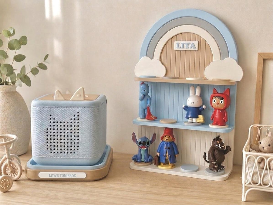 Personalised Ice Blue Rainbow Tonie Shelf & Toniebox Dock | Toniebox Storage Display